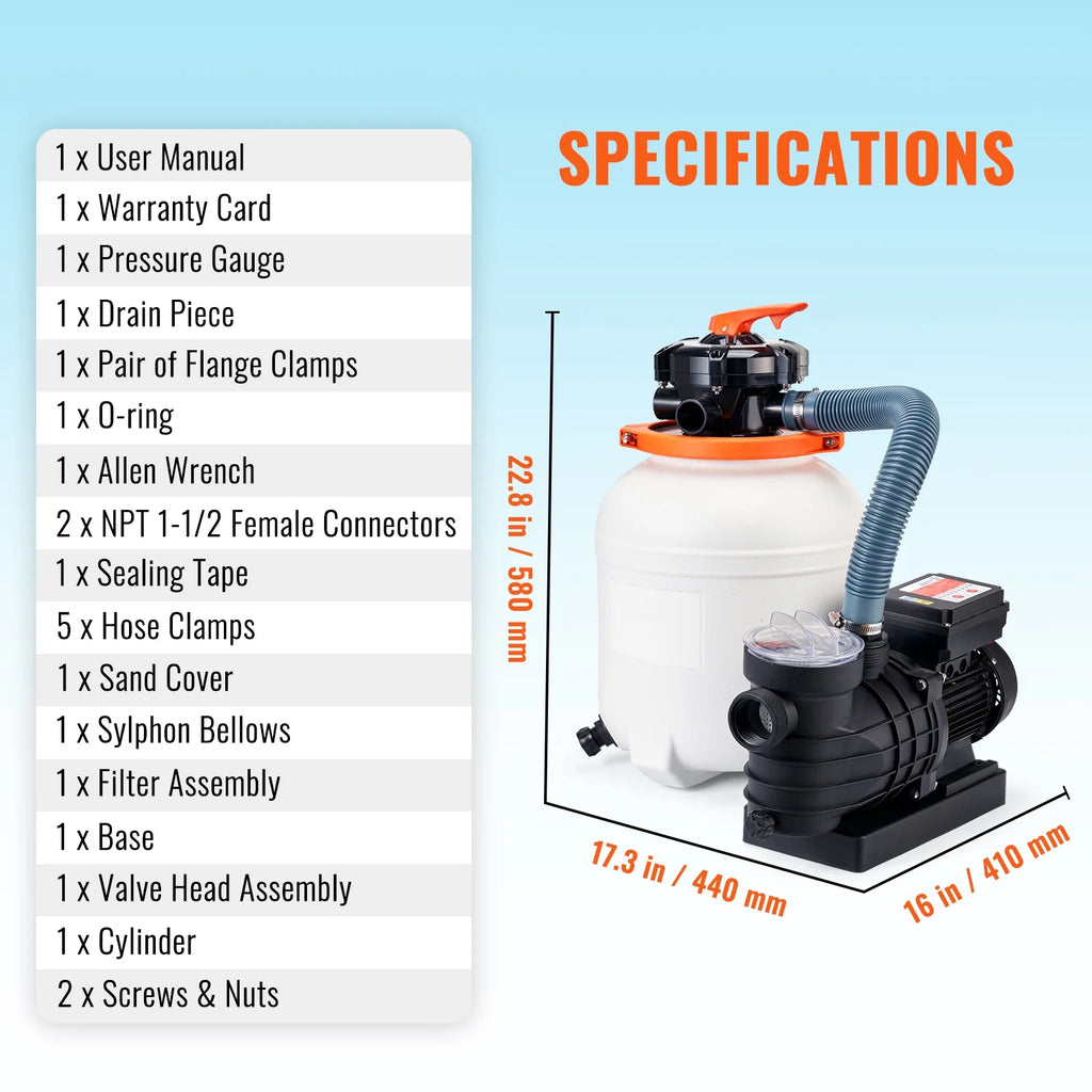 KFFKFF 12" Sand Filter Pump, 3000 GPH with 1/2 HP Pool Pump for Above Ground Pools & SPA System, 110V Swimming Pool Pump with Filter Basket, 6-Way Multi-Port Valve & Timing function