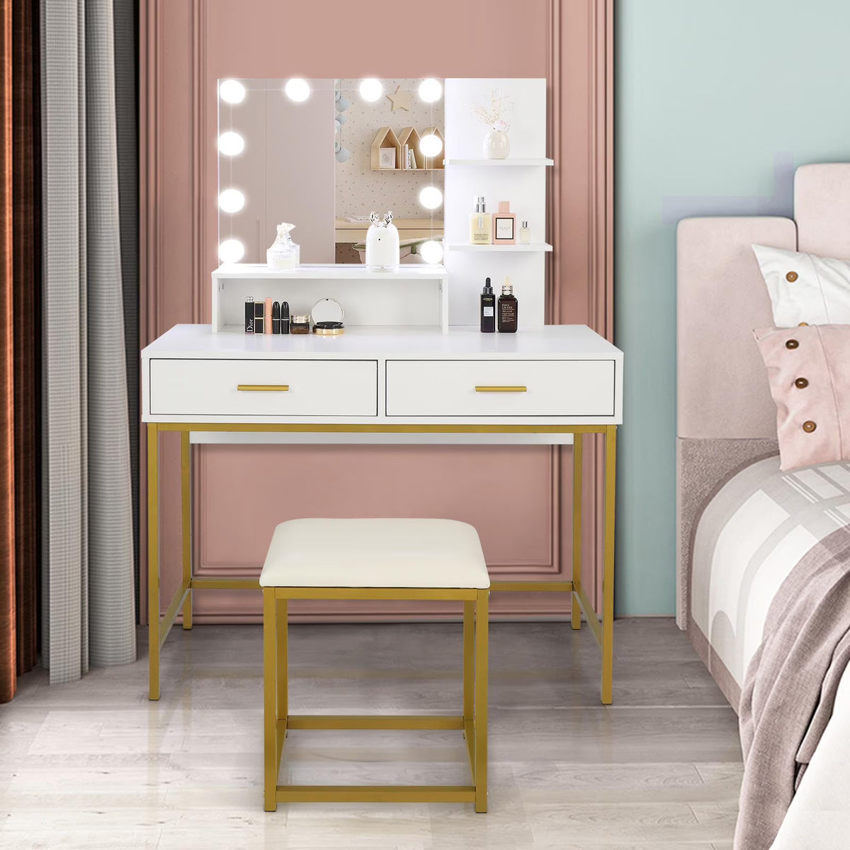 Ktaxon Lighted Makeup Vanity, White Vanity Table Set with 2 Drawer and Charging Station, Femal Gift
