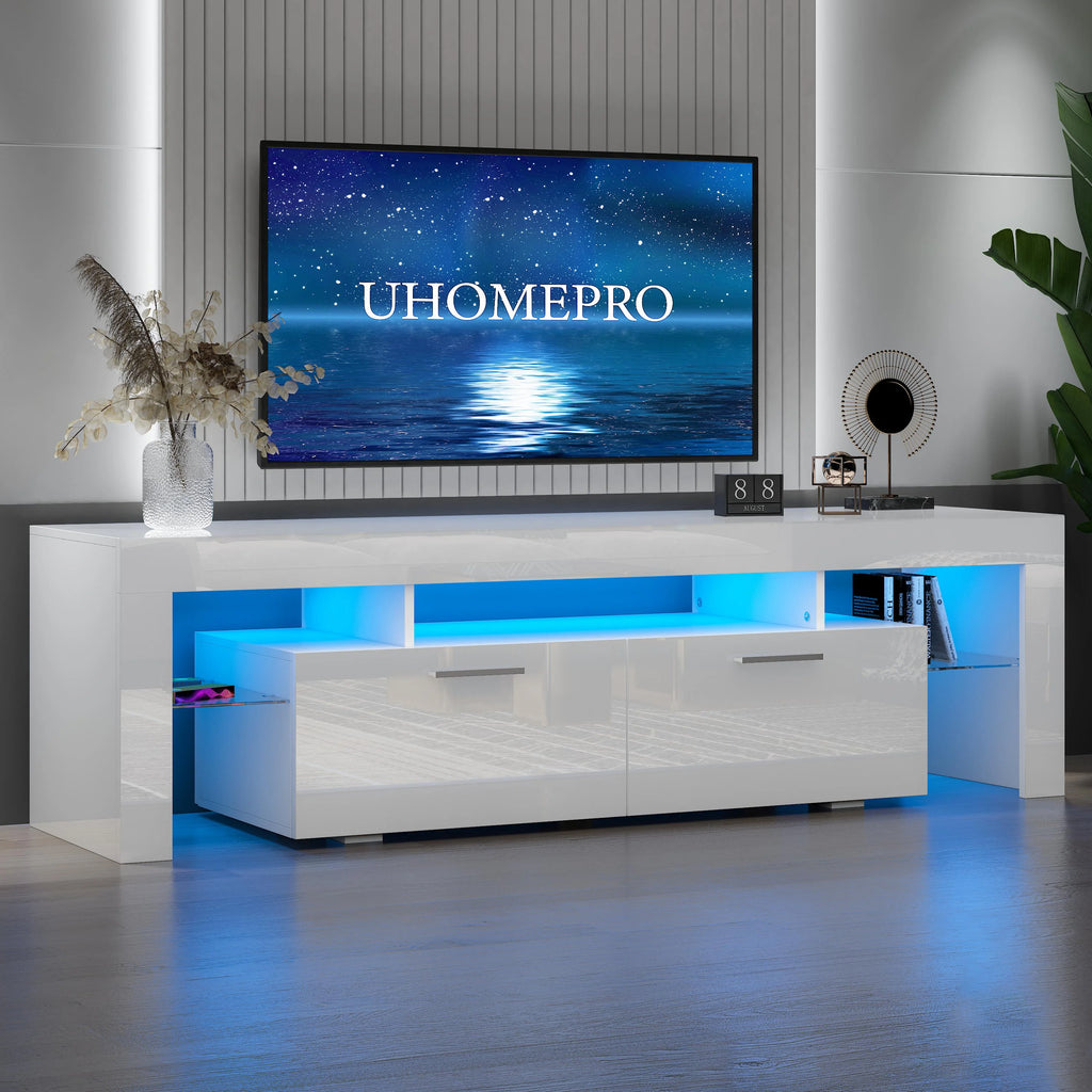 UHOMEPRO TV Stand for TV up to 70", Living Room Entertainment Center with RGB LED Lights and Storage Shelves Furniture, White High Gloss TV Cabinet Console Table