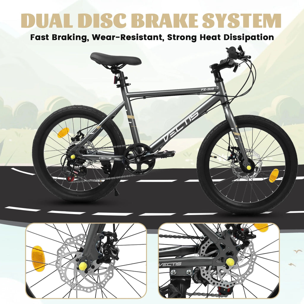 20 Inch Kids Bike for Boys Girls, 7-Speed Children Road Bike with Steel Frame and Dual Disc Brakes, Kids Road Bicycle for Ages 6-12 Years Old Birthday Gift, Silver