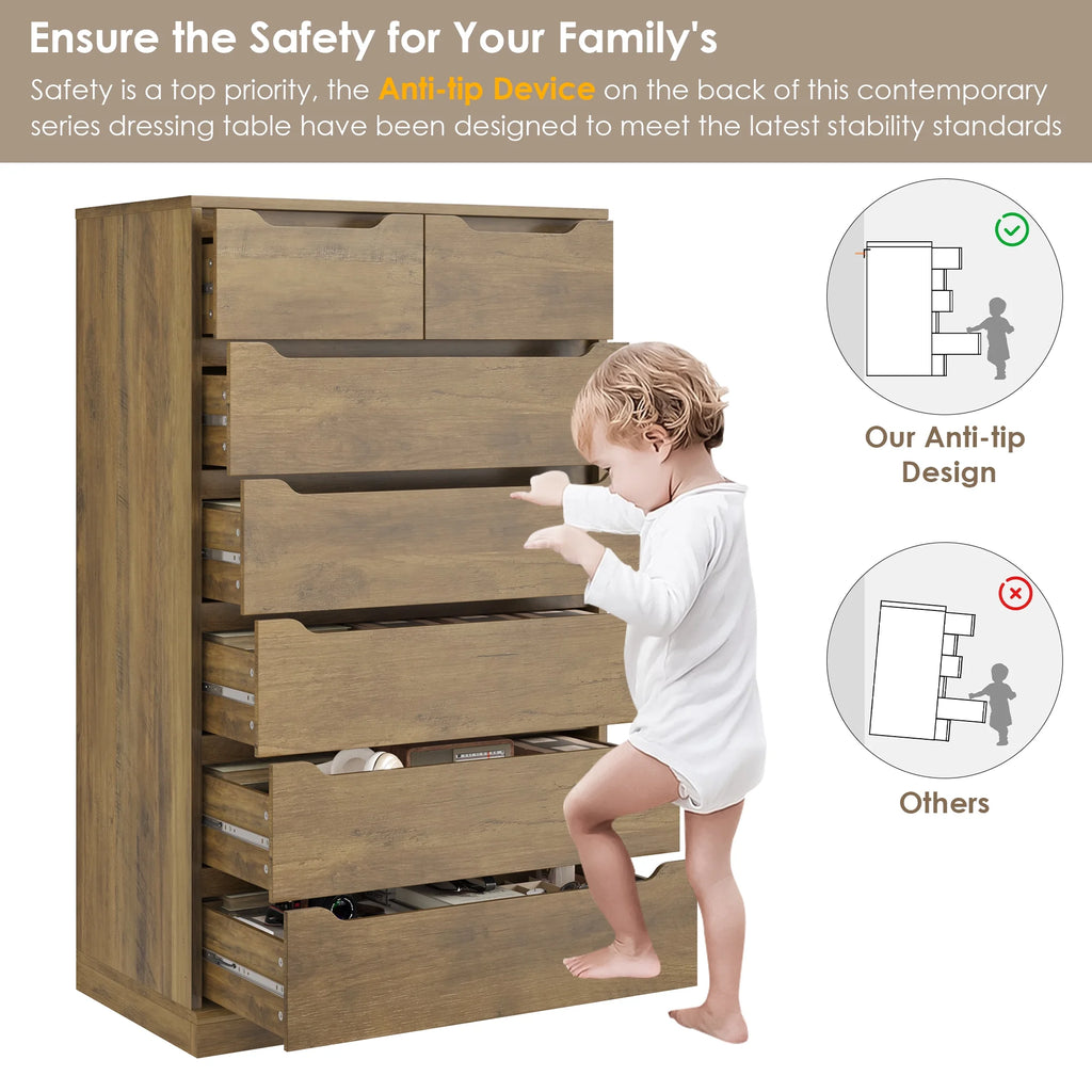 Homfa 7 Drawer White Dresser, 51.3"H Wood Storage Cabinet with Upgraded Stable Base, Vertical Chest for Bedroom Living Room