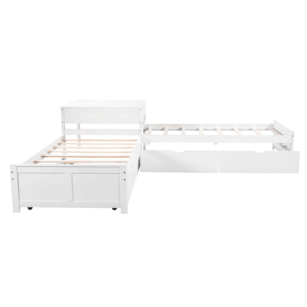 Euroco Wood Twin Size L-Shaped Platform Bed with Square Storage Table for Kids Teens, 2 Platform Beds with Trundle and Drawers for Living Room, 3 Twin Beds, Gray