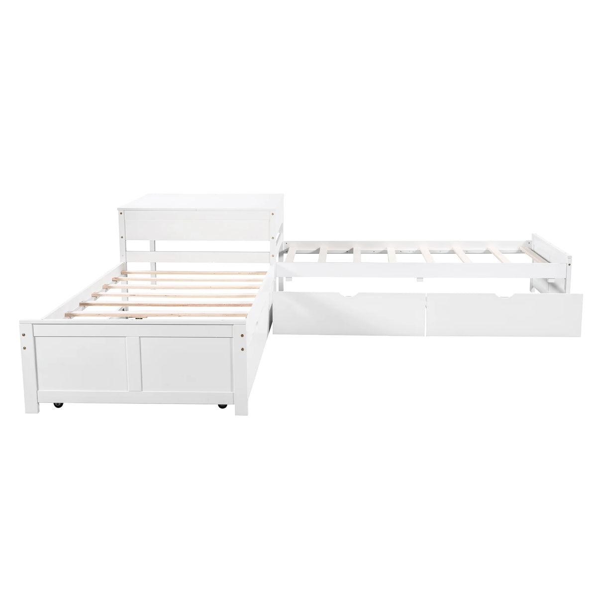 Euroco Wood Twin Size L-Shaped Platform Bed with Square Storage Table for Kids Teens, 2 Platform Beds with Trundle and Drawers for Living Room, 3 Twin Beds, Gray