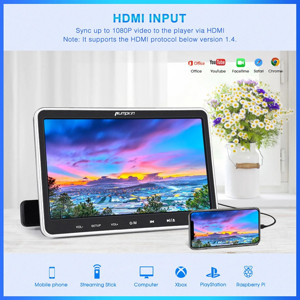 Pumpkin 10.1�?Dual Headrest DVD Players for Car with Headphones, 2 Mount Brackets HDMI Input Region Free Last Memory