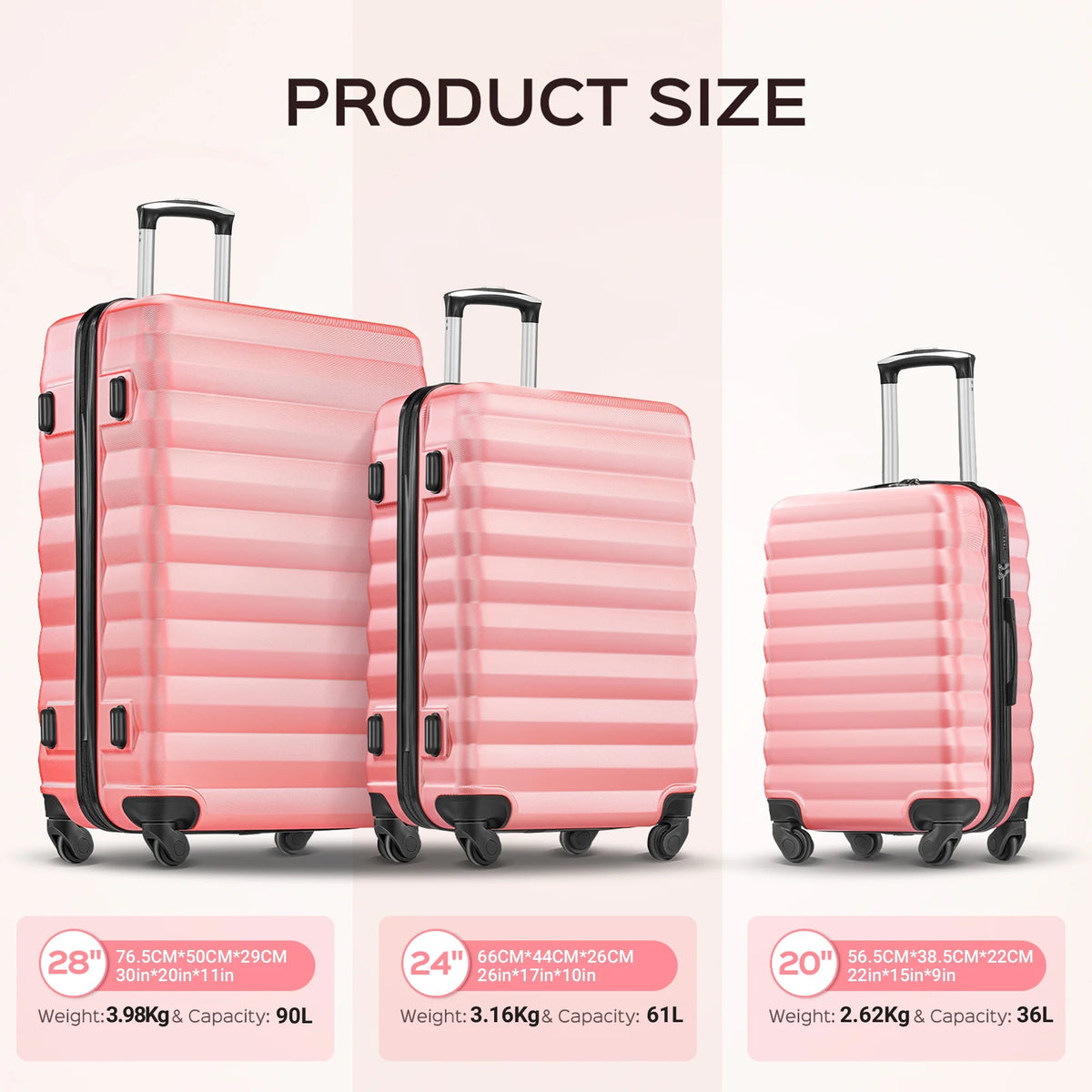 3 Piece Luggage Sets with 6 PC Organize Bags Lightweight Suitcases with Spinner Wheels, Pink