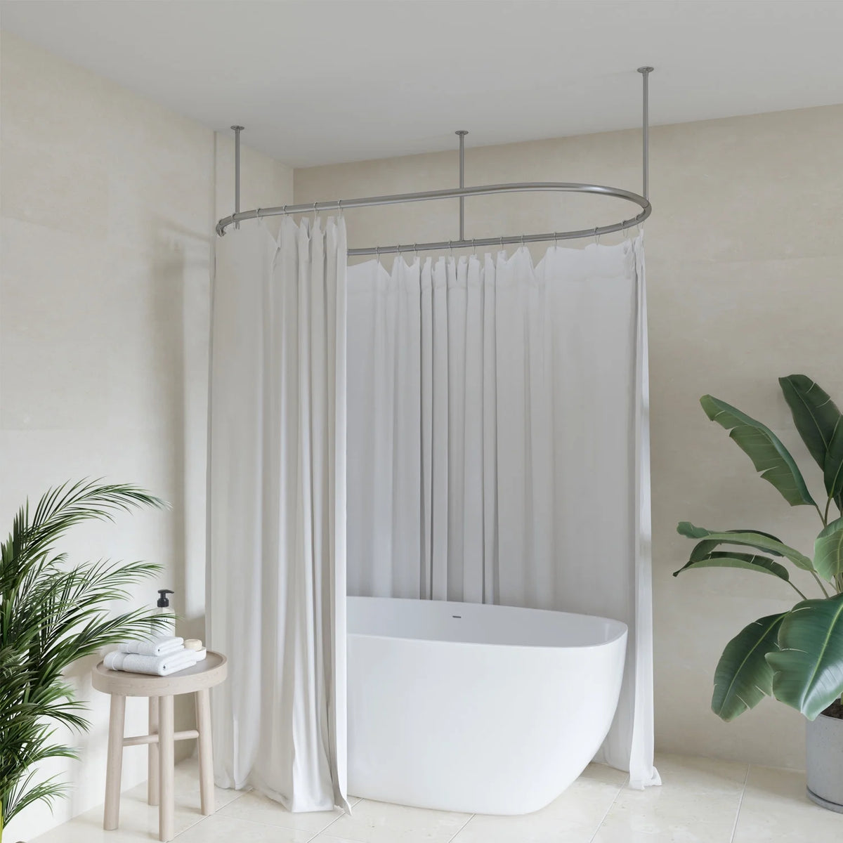 Naiture Stainless Steel Oval Shower Curtain Rod with Ceiling Support for Clawfoot Tub in 48" L X 30" W, Brushed Nickel Finish