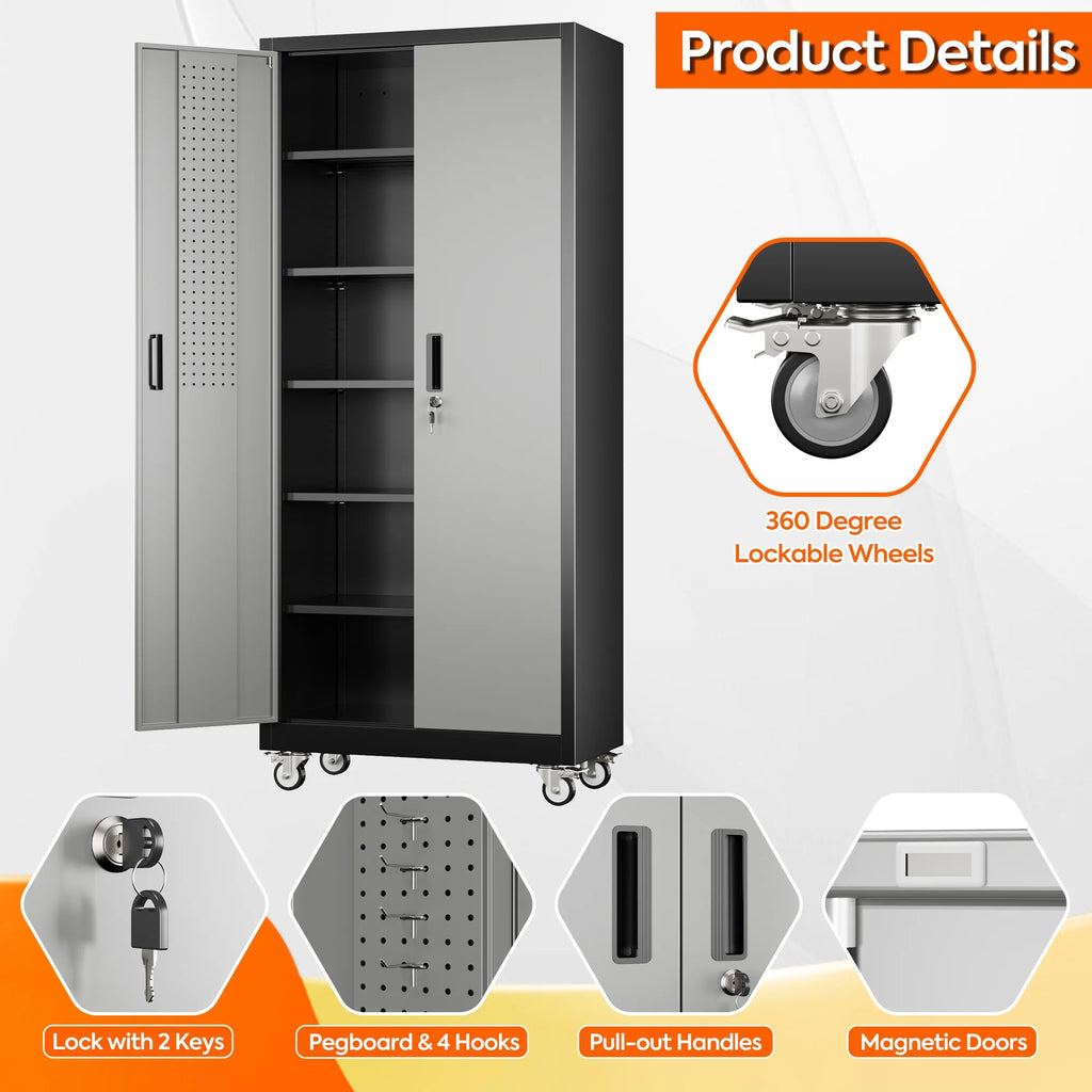 Supeer Locking Storage Cabinet with 5 Adjustable Shelves, Steel, Black, 71" H, Assemble Required