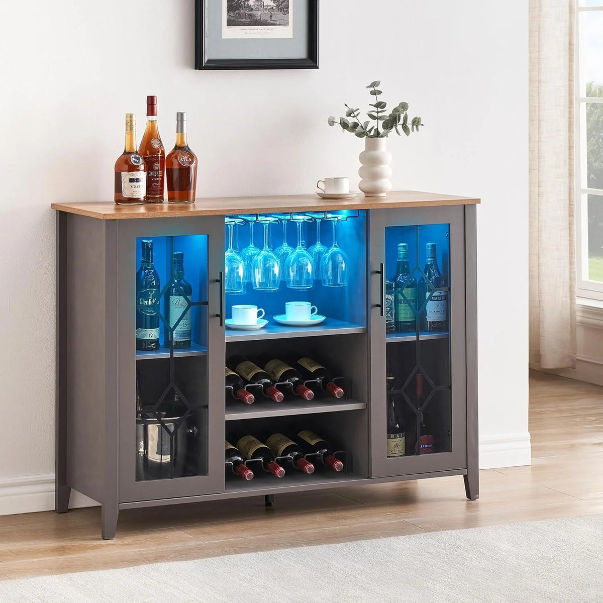 FOLDLIFE Wine Bar Cabinet with LED Lights, Liquor Cabinet Bar with Storage Cabinet, Coffee Cabinet with Bottles and Glass Rack, Buffet Sideboard with Storage Cabinet&Drawers,Dark Grey
