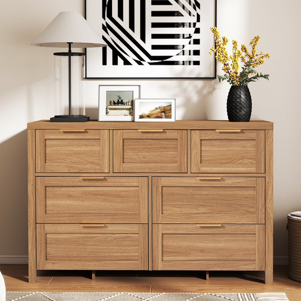 ARKANTOS Wooden 6 Drawer Double Dressers, Wide Chests of Drawers for Bedroom, Natural Oak