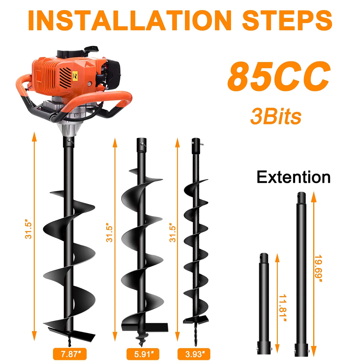 PRIJESSE Gas Powered Earth Digger Post Hole Digger with 3 Extension Rods + 3 Auger Drill Bits