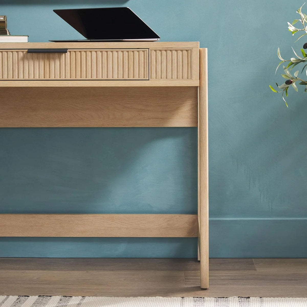 LHHP Transitional Style Furniture, Reeded Detail, Lift-Top Desk with Drawer and Storage Cubby, Sitting to Standing Desk, Soft Self-Close Desktop, 38��W x 16.75��D x 30��H, Coastal Oak