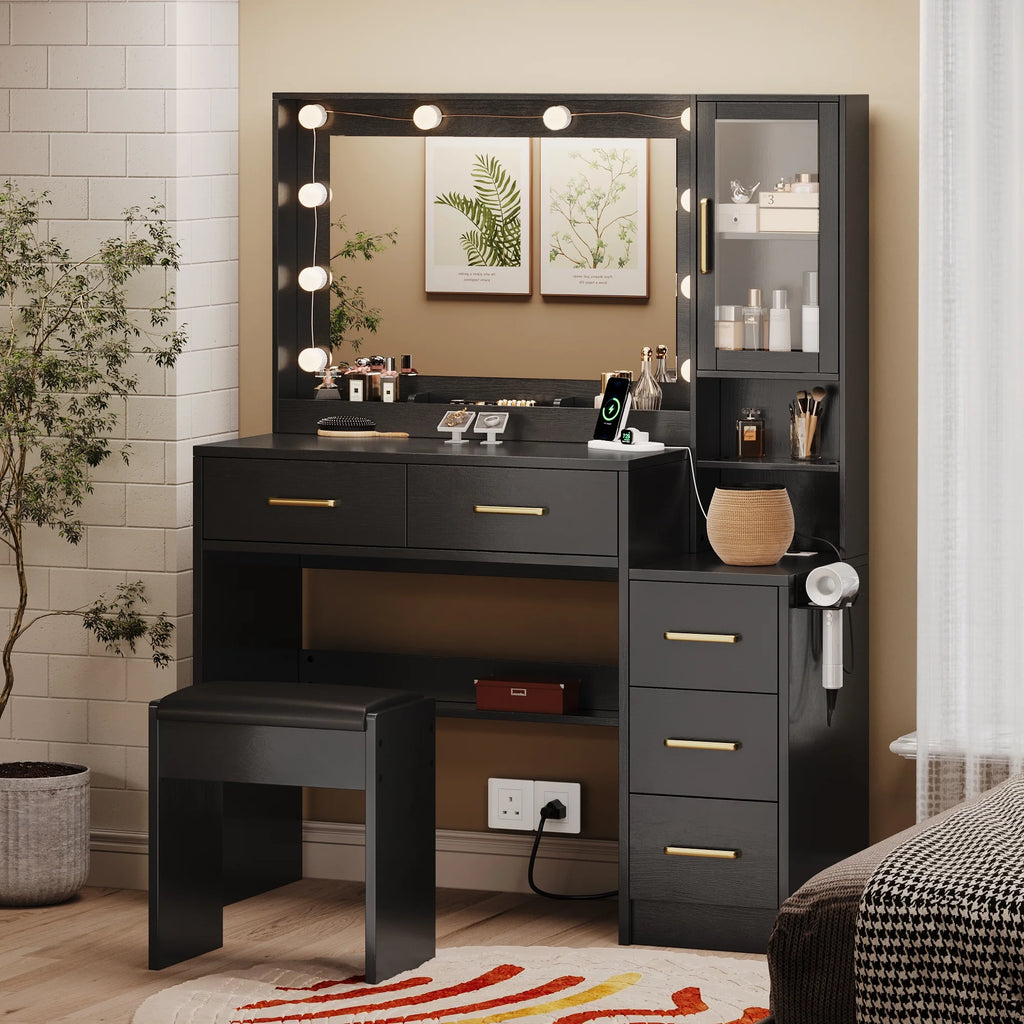 UGTOO 58.3" White Vanity Desk with Mirror, Adjustable Lighting, Power Outlet, Drawers, with Stool