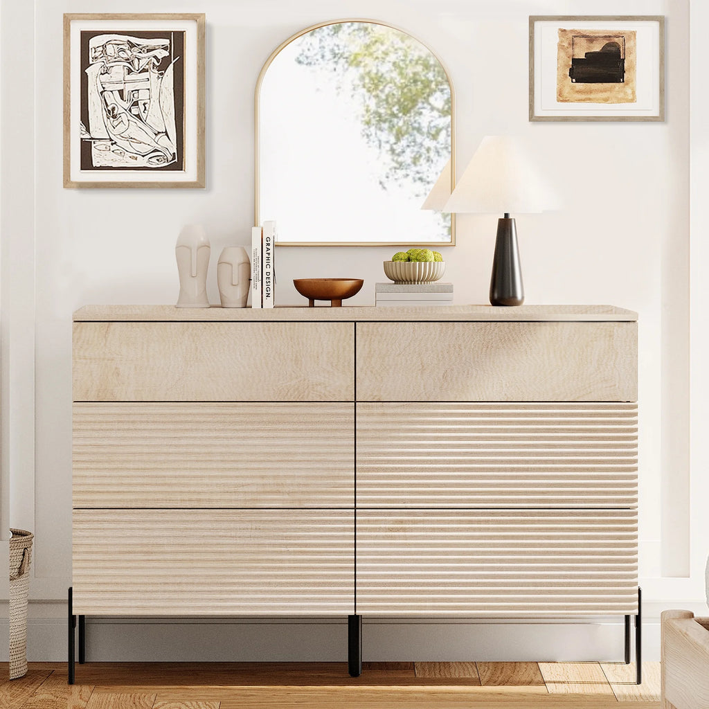 4 Pcs Bedroom Set,6 Drawer Dresser And Nightstand Sets For Bedroom,Night Stand Set Of 2, Modern Accent Cabinet With Hidden Handles, Reed Pattern & Double Chopsticks Legs
