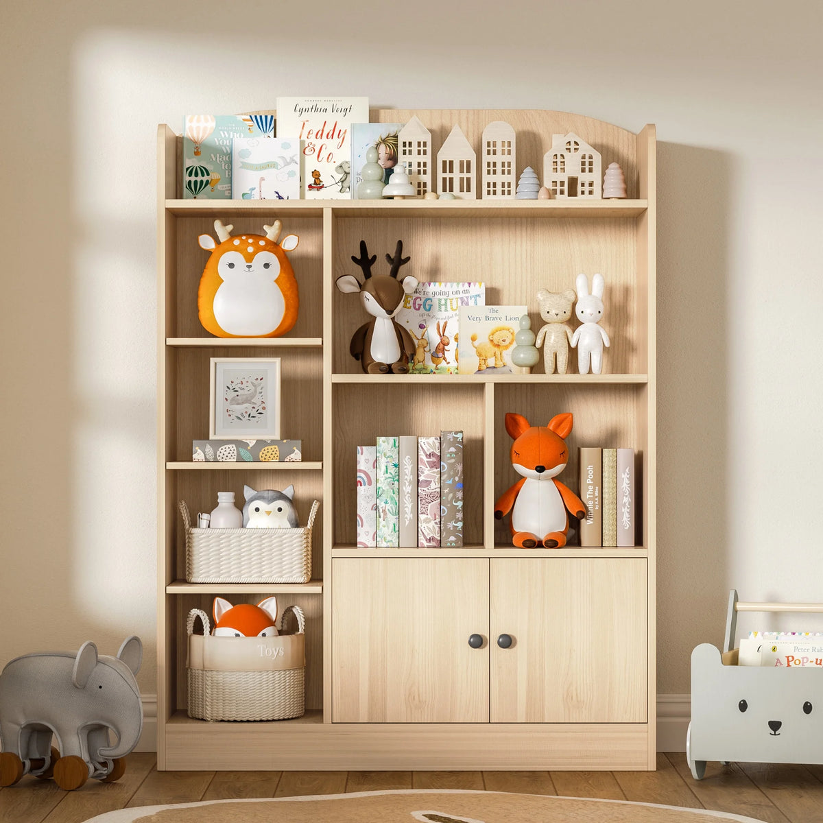 DIYART White Kids Bookshelf, Kids Bookcase with 7 Cubbies and 2 Cabinets, Freestanding Book Storage Shelves for Bedroom, Playroom, Hallway