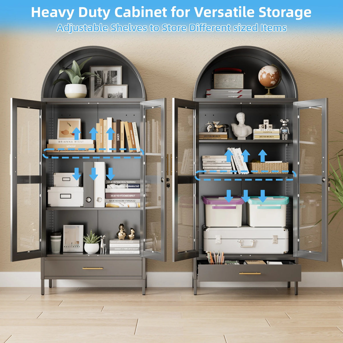 SUPEER Metal Arched Storage Display Cabinet with Glass Doors and Adjustable Shelves, Lockable Cabinet, Assembly Required, Black