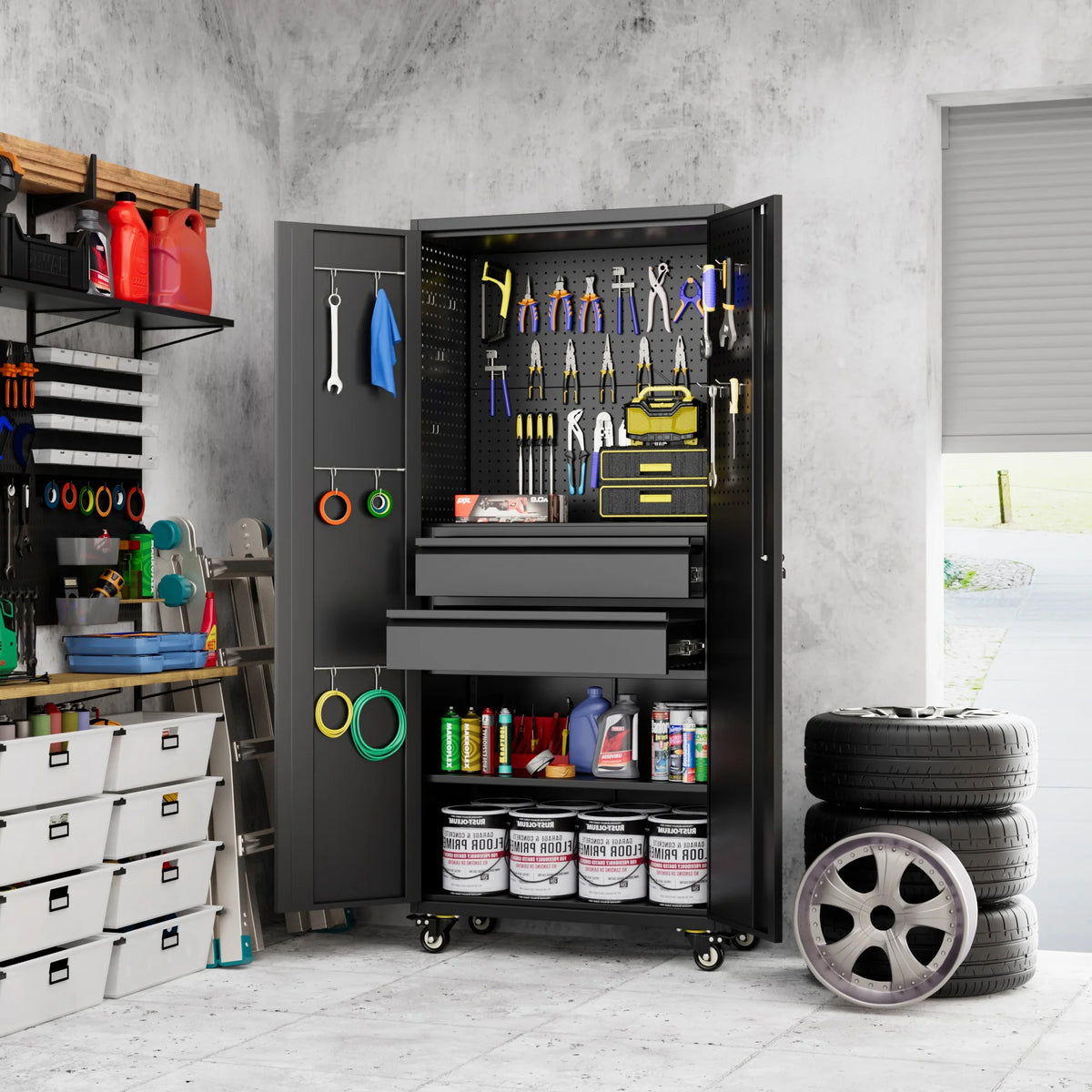 Aobabo Metal Storage Cabinet with Lock,Garage Storage Cabinet with Wheels,72In Steel Storage Cabinet for Garage Home Storage, Black Required-Assembly