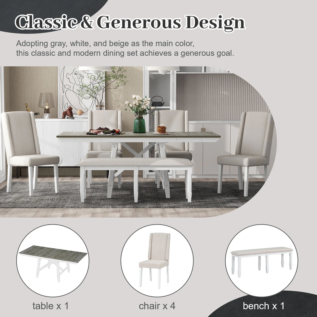 6 Piece Extendable Dining Table Set, Atumon Wood Dining Room Set for 6, Dining Table Set with 4 Beige Cushioned Chairs and Bench, Farmhouse Dining Table Set Furniture for Kitchen Dining Room, Natural