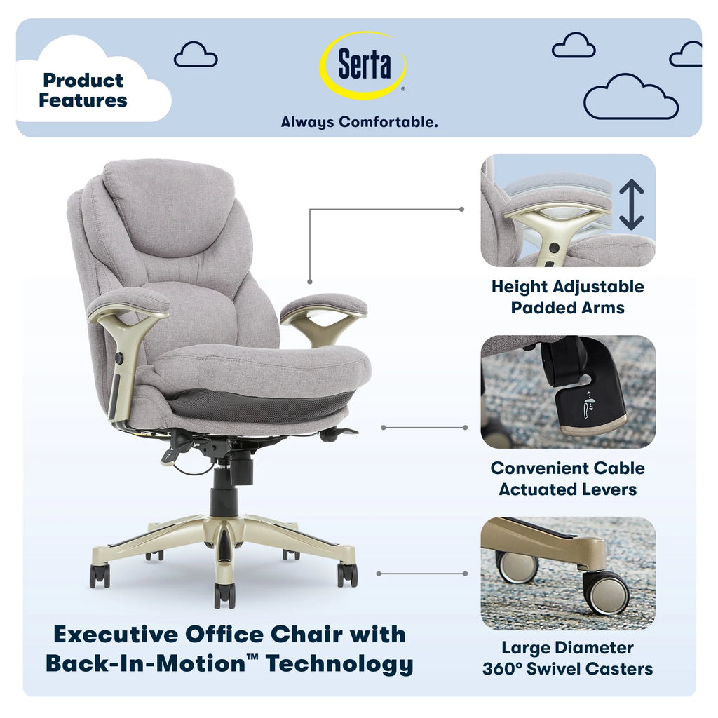 Serta Back in Motion Technology Fabric Executive Office Chair, Light Gray
