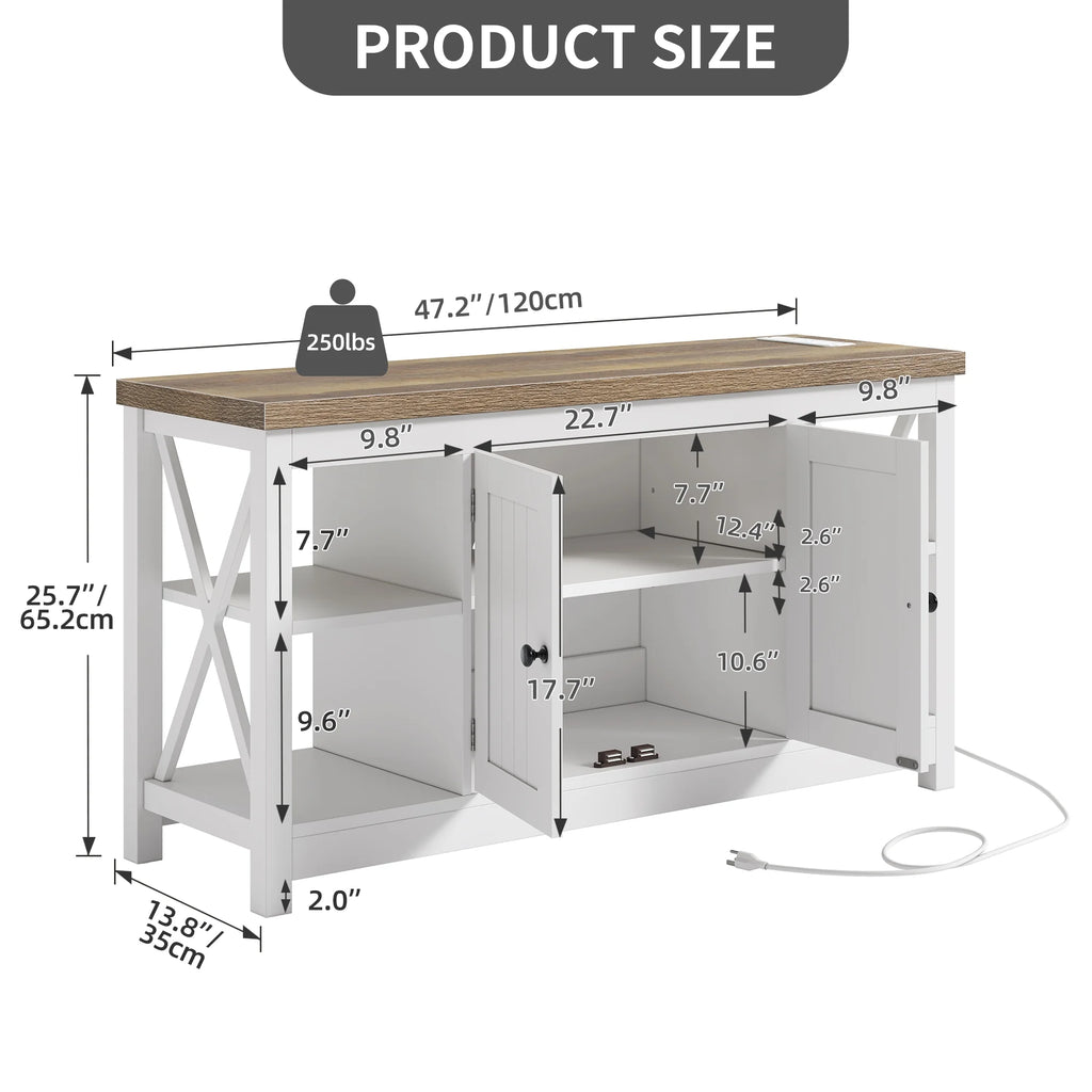 DWVO Farmhouse TV Stand with Built in Power Outlet, Entertainment Center with Storage, Wood TV Media Console for Living Room, White