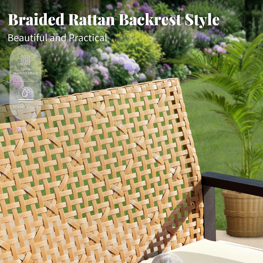 MF Studio 4-Piece All-Weather Rattan Patio Furniture Set, Outdoor Conversation Set with Wood Table, Brown and Beige