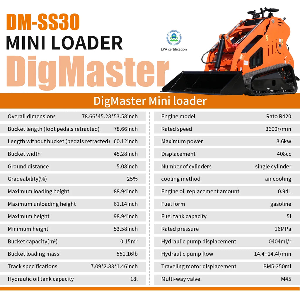 DigMaster 13.5HP Mini Track Skid Steer Loader  Gas Engine 551 lb Lift Capacity Ideal for Small to Medium Jobs and Tight Spaces  EPA Certified