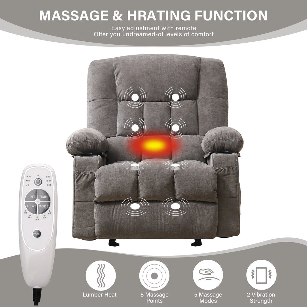 JONPONY Manual Recliner Chair with Heat Therapy and Massage Function, Heavy Duty Reclining Mechanism Massage Chair, Elderly Single Rocker Sofa with Cup Holders for Bedroom Home Theater,Blue