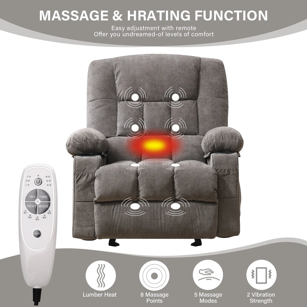 JONPONY Manual Recliner Chair with Heat Therapy and Massage Function, Heavy Duty Reclining Mechanism Massage Chair, Elderly Single Rocker Sofa with Cup Holders for Bedroom Home Theater,Blue