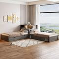 Euroco Pine Wood L-Shaped Twin Platform Bed with Storage Desk, Cabinets, Trundle and LED Light for Kids Teens, Gray