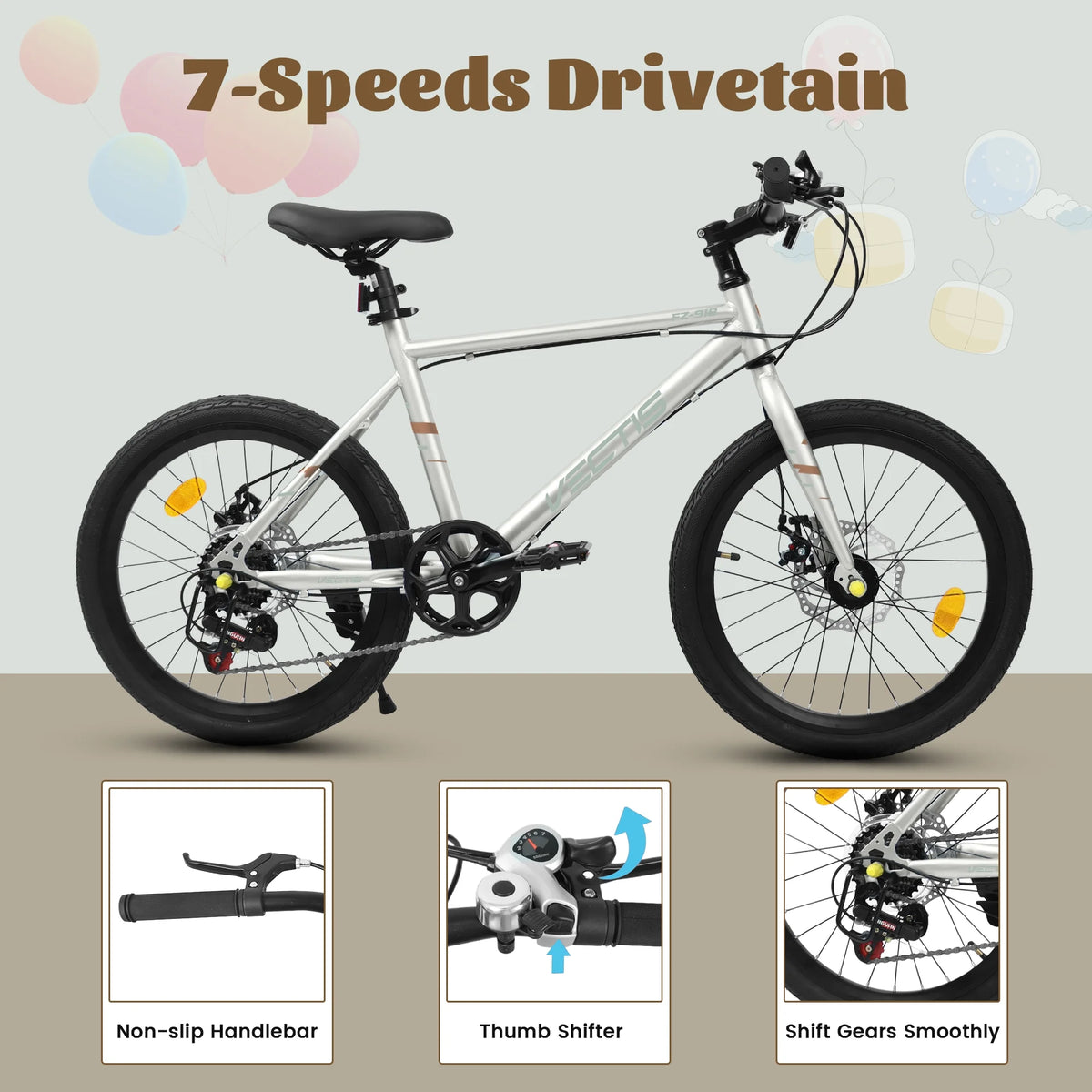 20 Inch Kids Bike for Boys Girls, 7-Speed Children Road Bike with Steel Frame and Dual Disc Brakes, Kids Road Bicycle for Ages 6-12 Years Old Birthday Gift, Silver