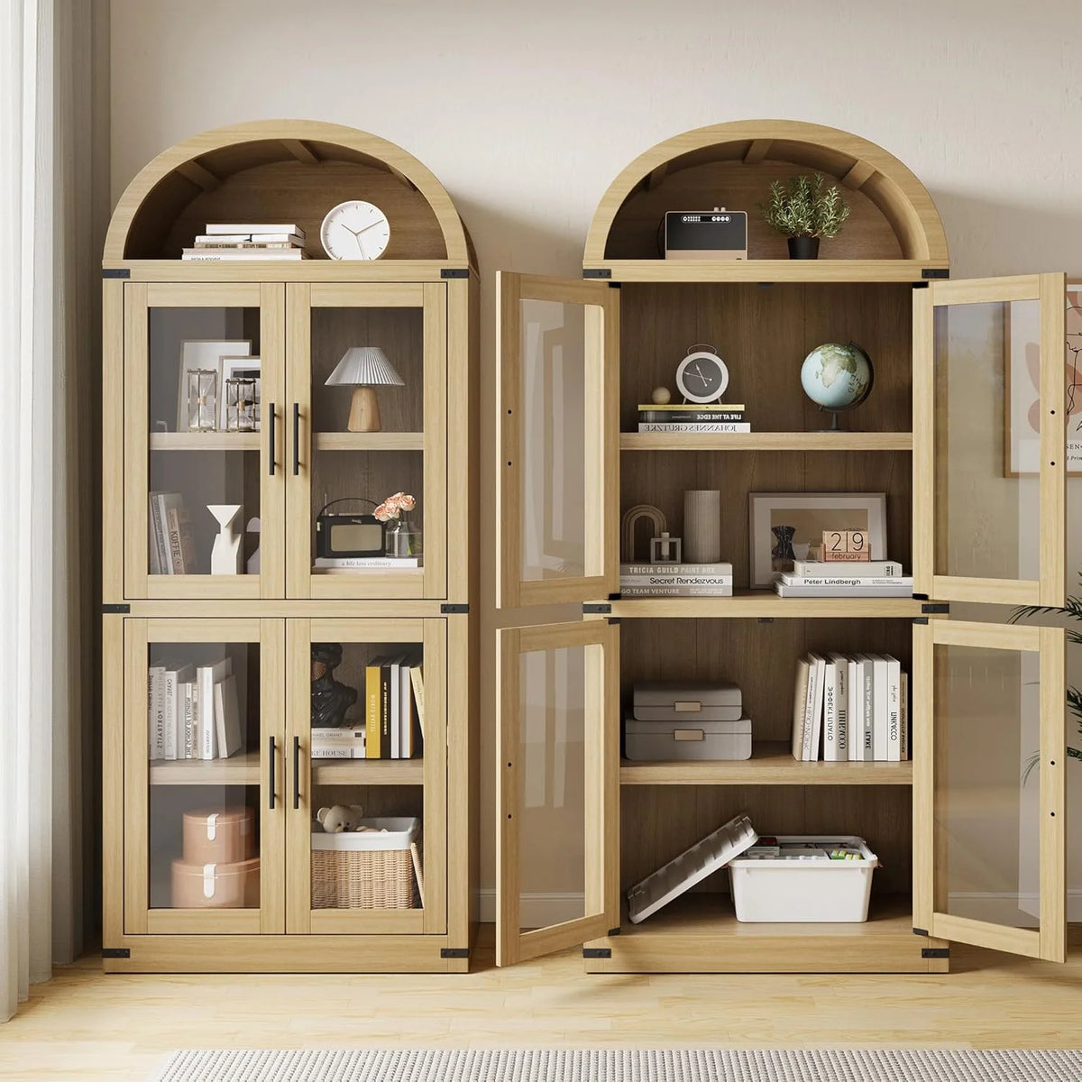NEILA Arched Bookshelf with Doors - Glass Doors - 15.83 inches deep by 71.4 inches tall rustic ambiance premium wood display cabinet for living room, kitchen and office,Glass Door_Black