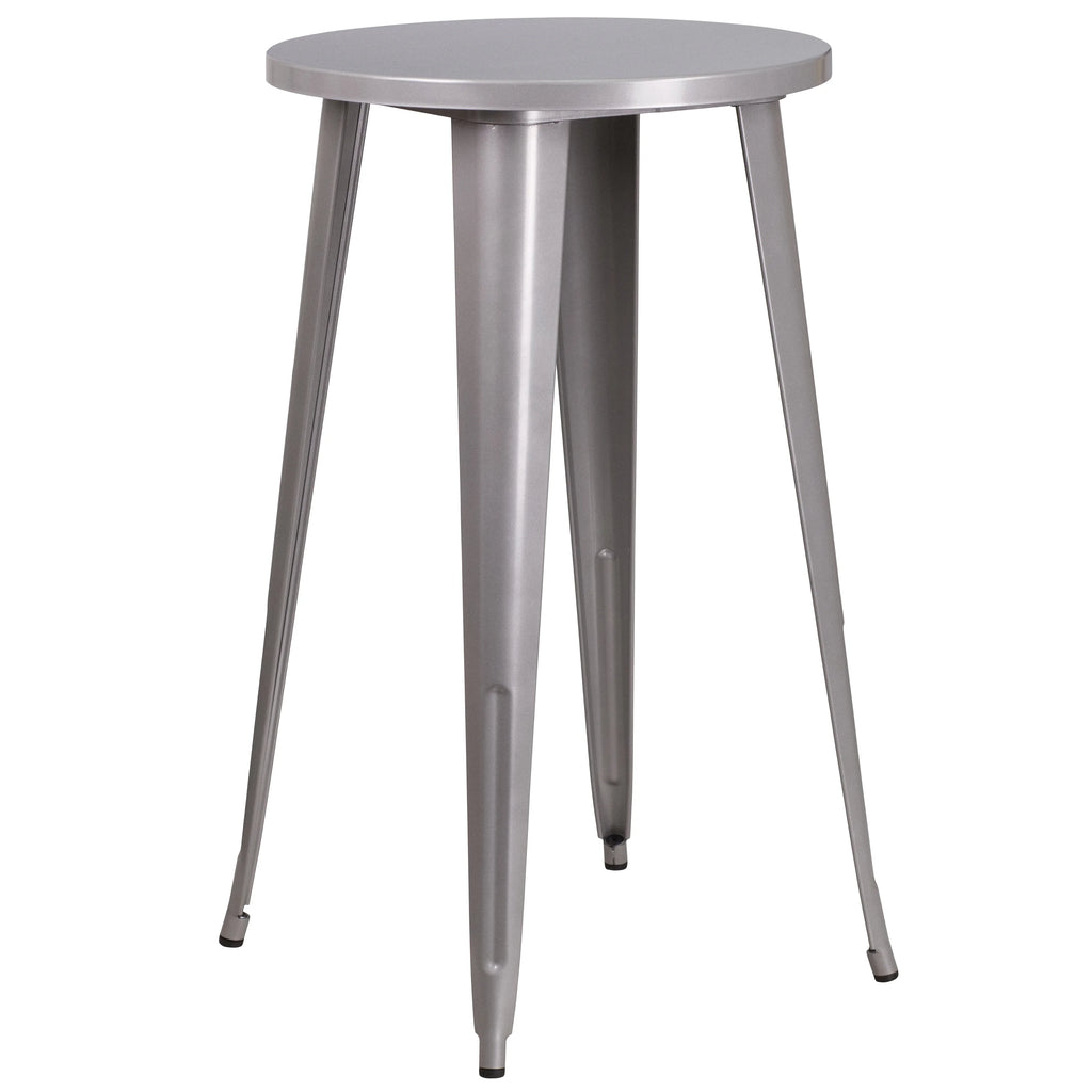 Flash Furniture Earl Commercial Grade 24" Round Silver Metal Indoor-Outdoor Bar Table Set with 2 Vertical Slat Back Stools