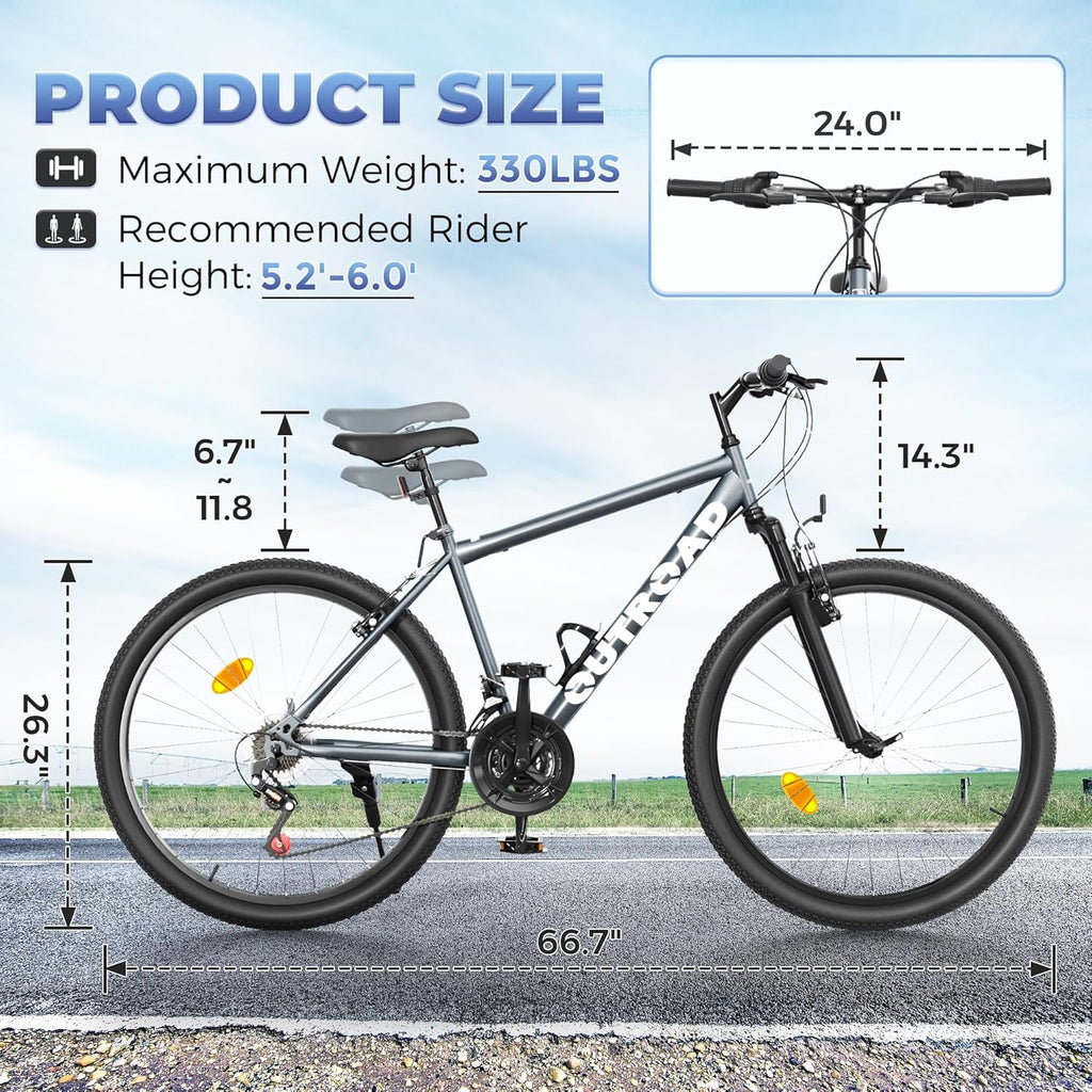 Outroad 26 Inch Mountain Bike, 7/21-Speed/High-Carbon Steel/Aviation Grade Frame, Dual Disc/V Brake, Adjustable Ergonomic Seat Bicycle for Men Women Adult, Quick Assembly in 20 Minutes