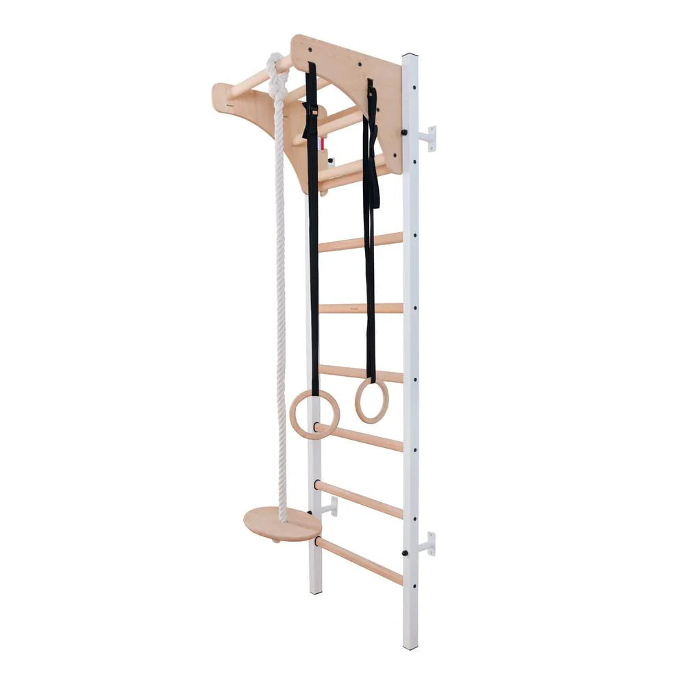 BenchK 211W + A204 White Wall bars for kids room with adjustable beech wood pull-up bar and gymnastic accessories