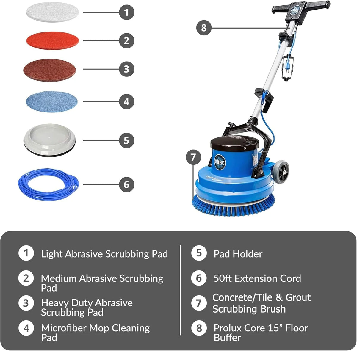 Prolux Core 15 in. Loaded Commercial Light Hand-Driven Floor Buffer Scrubber