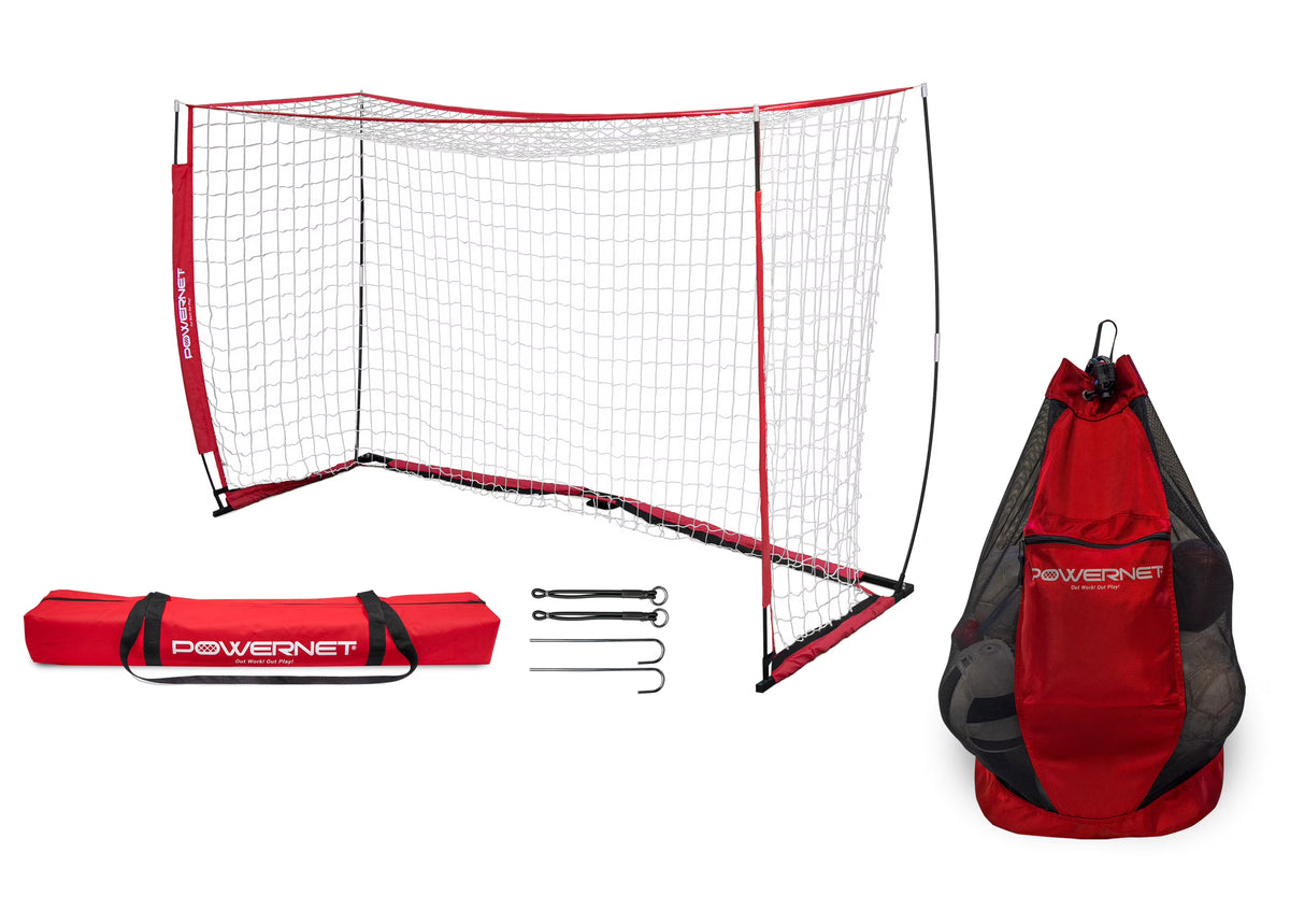 PowerNet 8x4 Ft Soccer Goal Portable Bow Style Net and Large Ball Carry Bag Bundle | Quick Setup Ultra Portable | Full Size Framed Soccer Goal | Perfect for Teams and Coaches