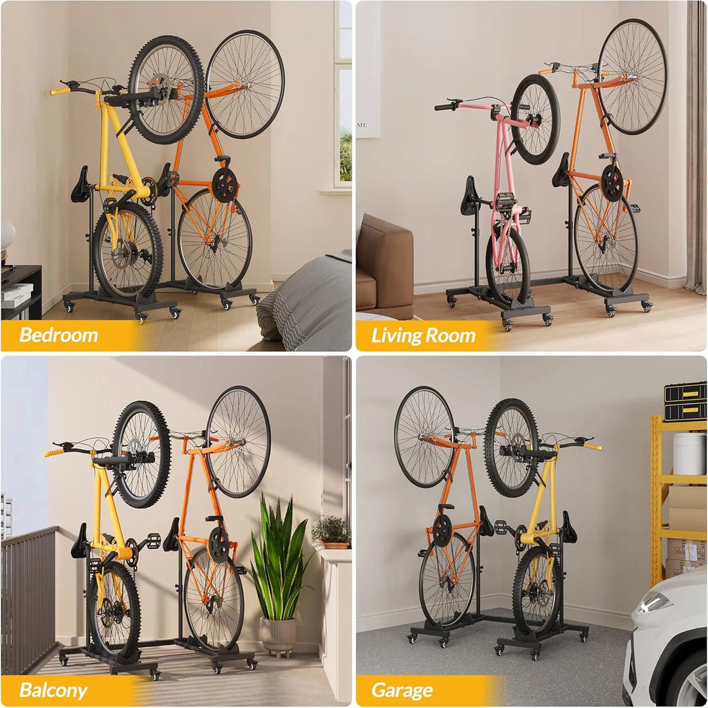 Vertical Bike Stands (2 Pack)��Standing Bike Rack for Garage Floor��Upright Bicycle Floor Stand Indoor Bike Holder with Adjustable Height for Garage & Apartment - for Wheels Sizes up to 29��