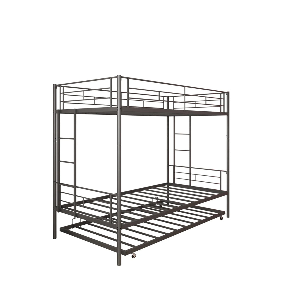 Seizeen Bunk Bed Twin Over Twin Size, Metal Triple Bunk Bed with Trundle, Black Heavy Duty Bunk Bed Frame Per Bed Up to 400LBS, 2 Side Ladders and All-round Safety Guard Rails