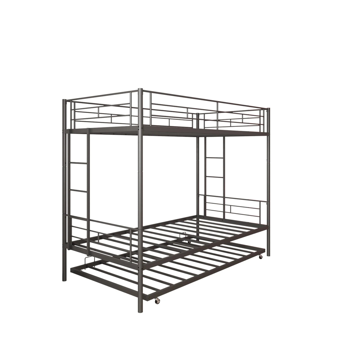 Seizeen Bunk Bed Twin Over Twin Size, Metal Triple Bunk Bed with Trundle, Black Heavy Duty Bunk Bed Frame Per Bed Up to 400LBS, 2 Side Ladders and All-round Safety Guard Rails