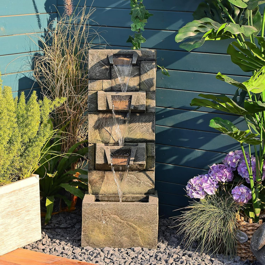 32.2" 3-Tier Outdoor Garden Water Fountain with LED Lights, Mossy Stone Cascading Resin Waterfall Feature for Patio, Yard, or Porch Decor