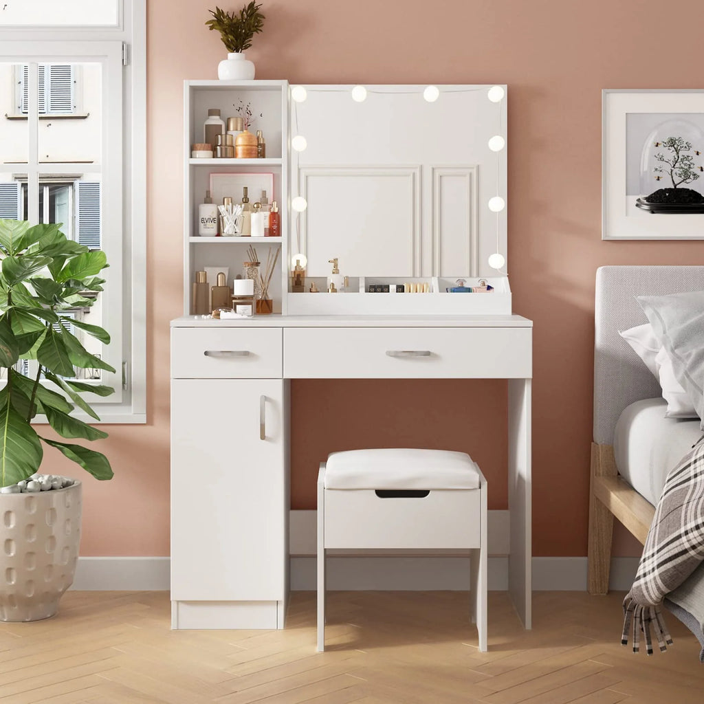 Veanerwood Makeup Vanity Table with 10 Led Lights, Lighted Mirror Vanity Desk, Modern Bedroom Dressing Vanity, White Finish