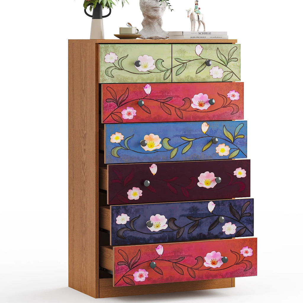 Ktaxon Wood 6-Drawer Dresser Organizer for Bedroom Storage Tower for Entryway Hallway Closet, Tall Chest Organizer Unit with Wood Bins, Floral Painted Wooden