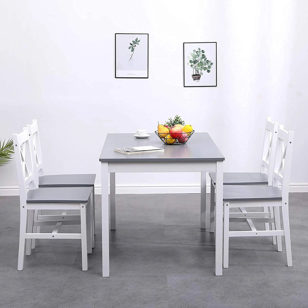 Soges 5 Pieces Dining Table Set, Pine Wood Kitchen Dining Table with 4 Chairs, Wood Rectangular kitchen table and chairs for 4, Small Dining Set for Bar Dining Room Breakfast Nook, White and Gray