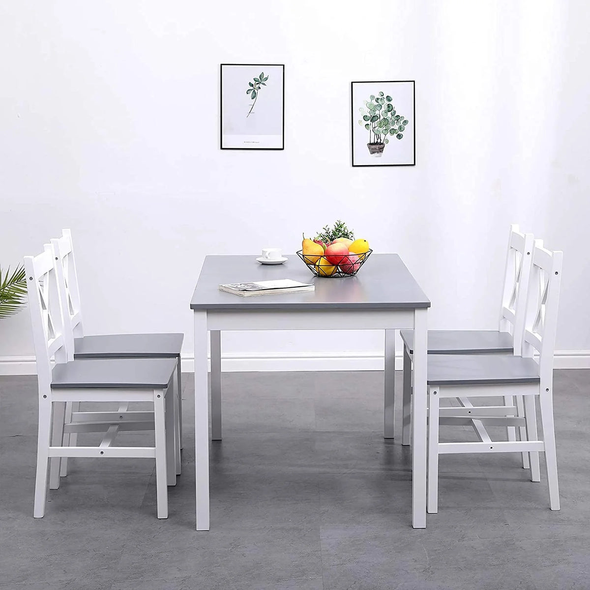 Soges 5 Pieces Dining Table Set, Pine Wood Kitchen Dining Table with 4 Chairs, Wood Rectangular kitchen table and chairs for 4, Small Dining Set for Bar Dining Room Breakfast Nook, White and Gray