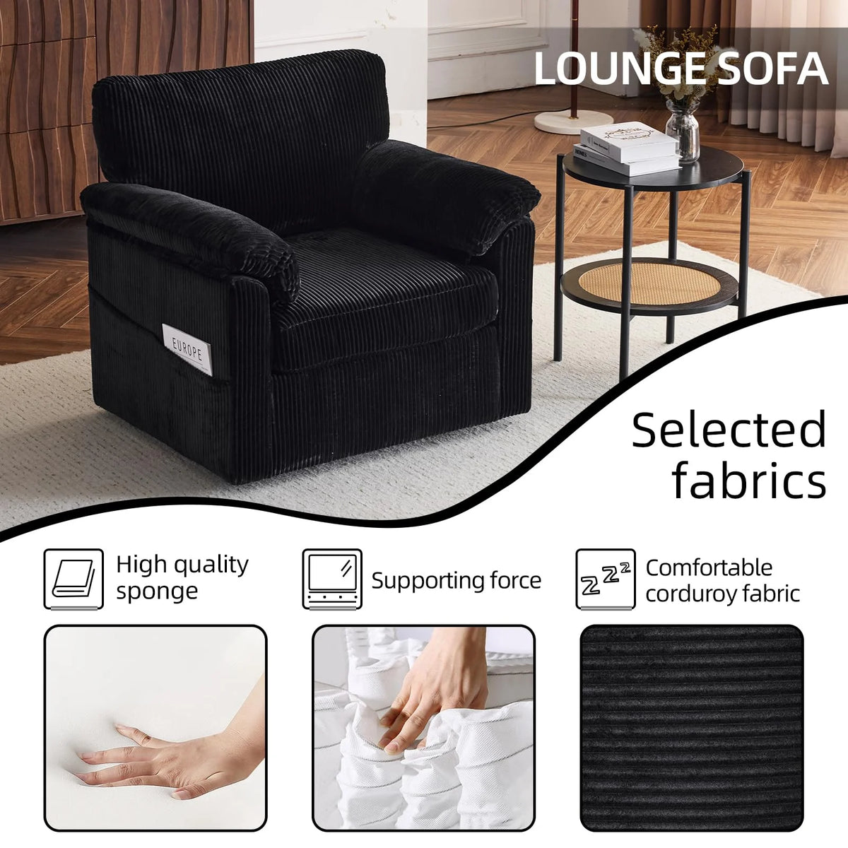 FFH 33" Oversized Swivel Accent Chair,Armchair with Side Pocket,Upholstered Corduroy Lounge Chaise Chair,Barrel Chairs,Comfy Single Sofa Chair for Living Room Reading Bedroom Office,Black