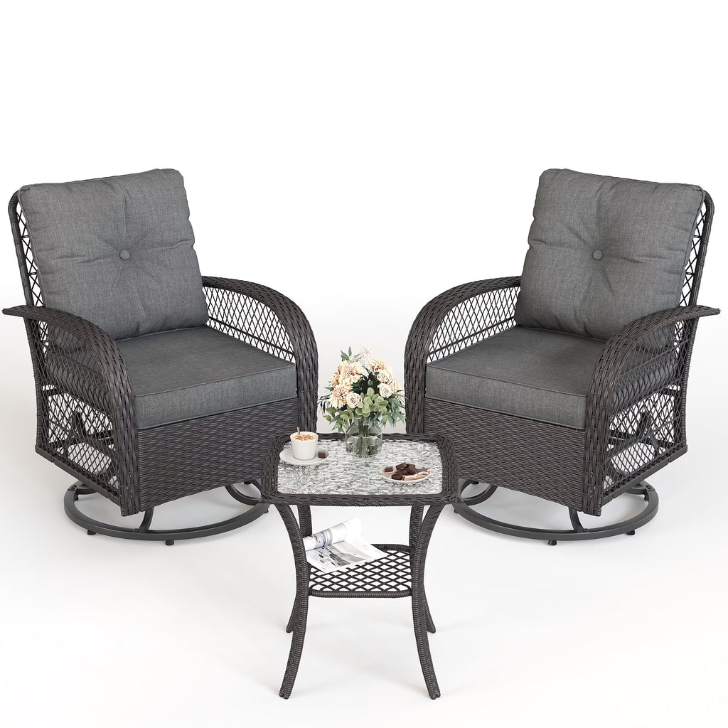 ELPOSUN 3 Pieces Patio Furniture Set, Outdoor Swivel Gliders Rocker, Wicker Patio Bistro Set with Rattan Rocking Chair, Glass Top Side Table and Thickened Cushions for Porch Deck Backyard