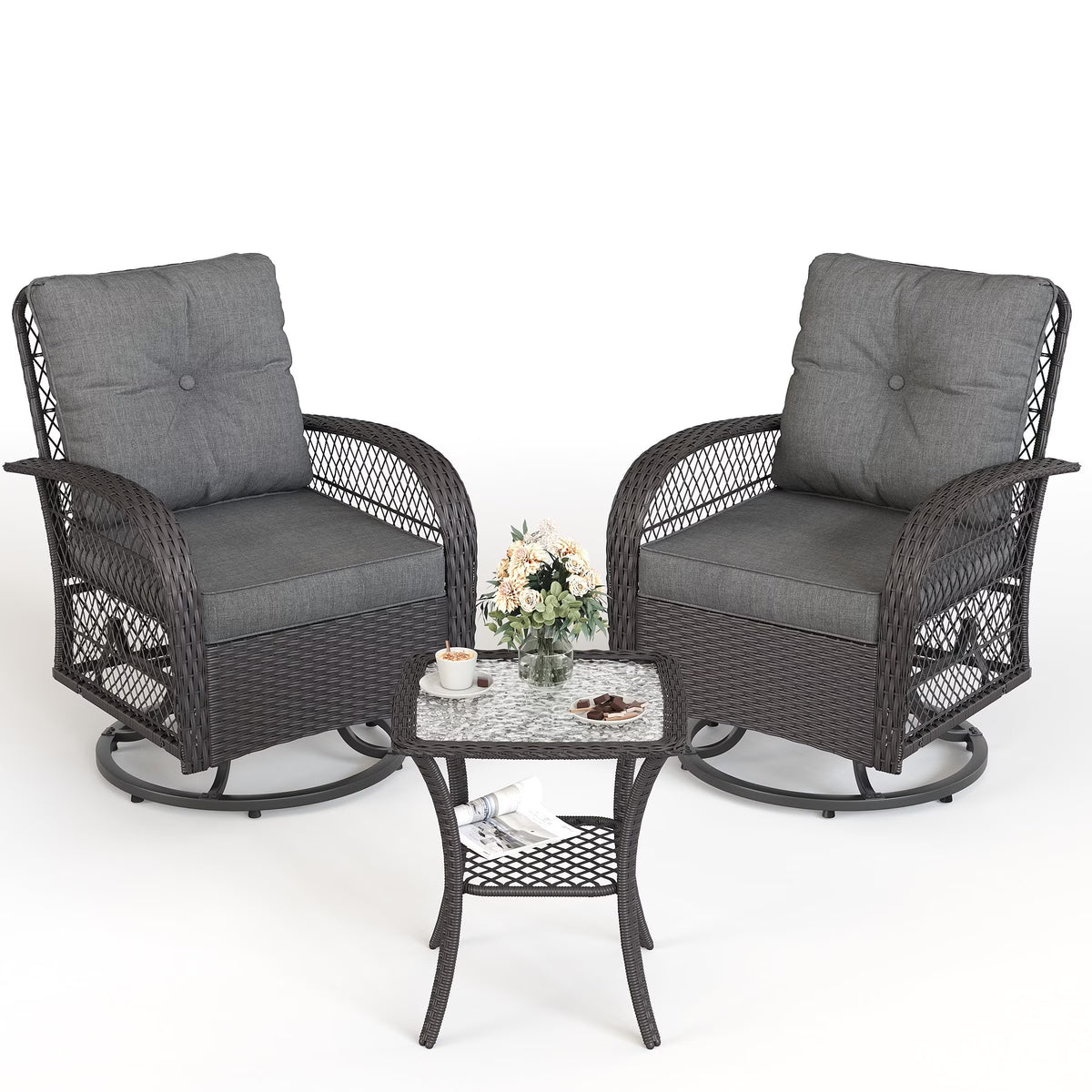 ELPOSUN 3 Pieces Patio Furniture Set, Outdoor Swivel Gliders Rocker, Wicker Patio Bistro Set with Rattan Rocking Chair, Glass Top Side Table and Thickened Cushions for Porch Deck Backyard