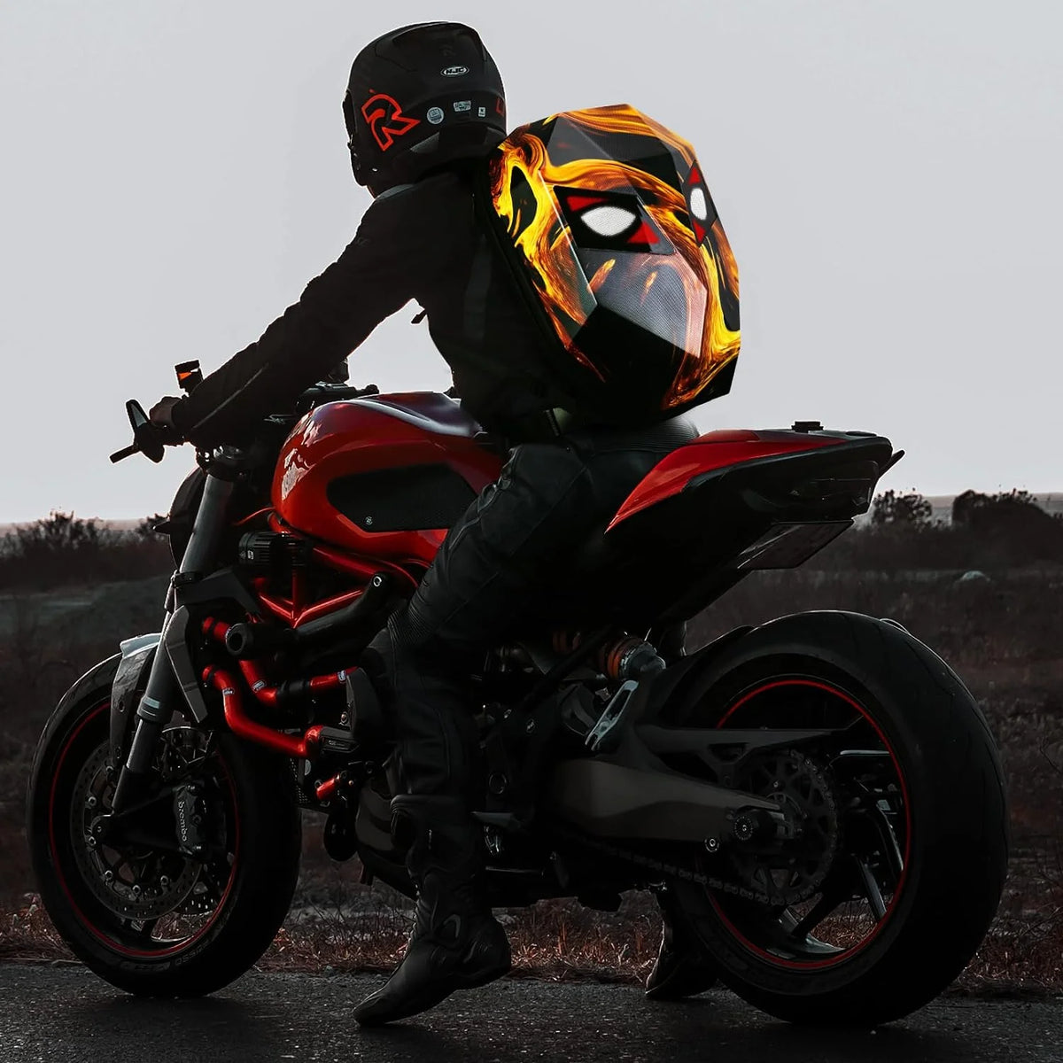 Gelrova Knight LED Bike Backpack, Black Hard Shell Motorcycle Helmet, Small Size 17in