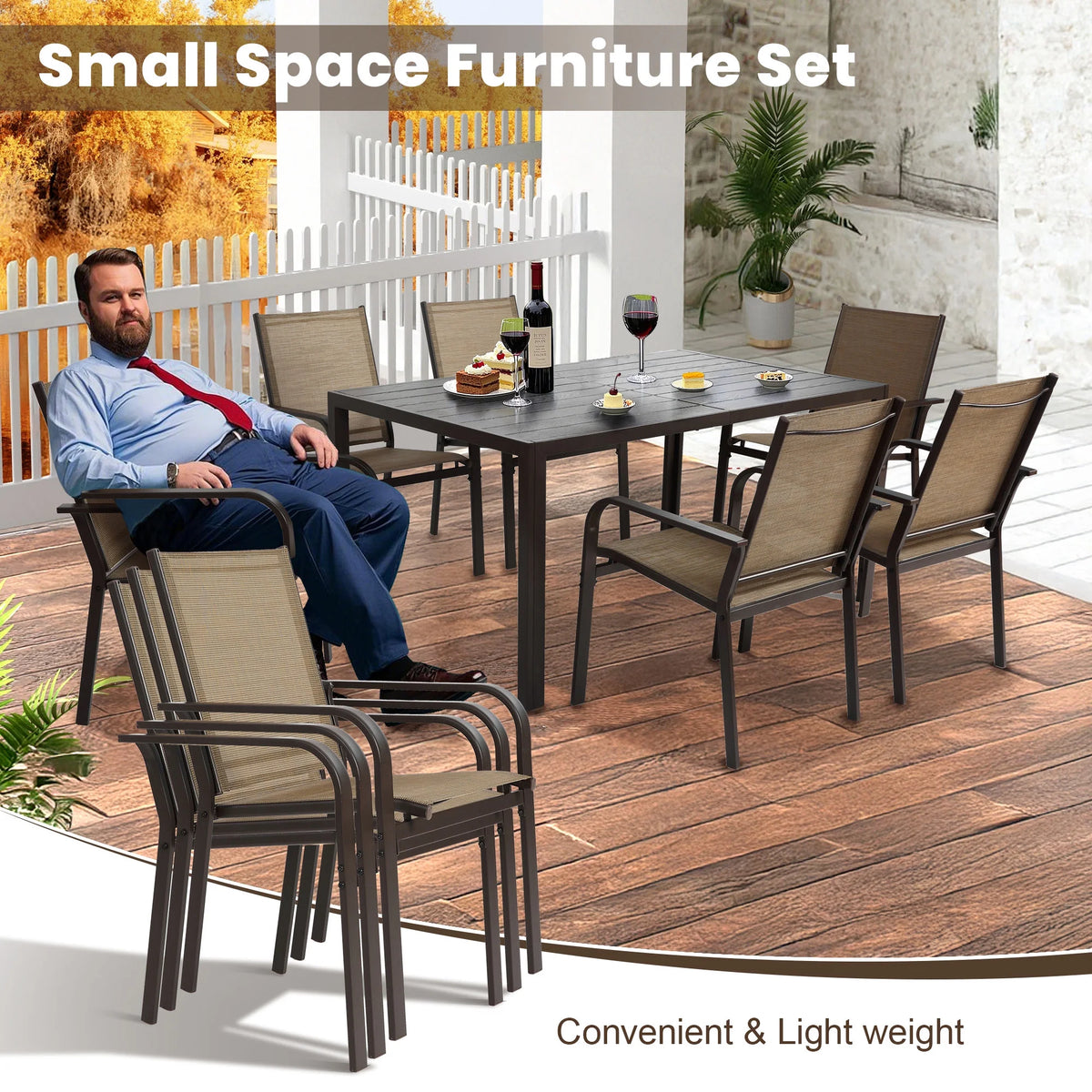 Seizeen 7-Piece Outdoor Table and Chairs, Patio Table Set with 6 Rattan Chairs, All-weather Outdoor Patio Dining Sets Rectangular Metal Table with Acacia Wood Top, Umbrella Hole, Gray