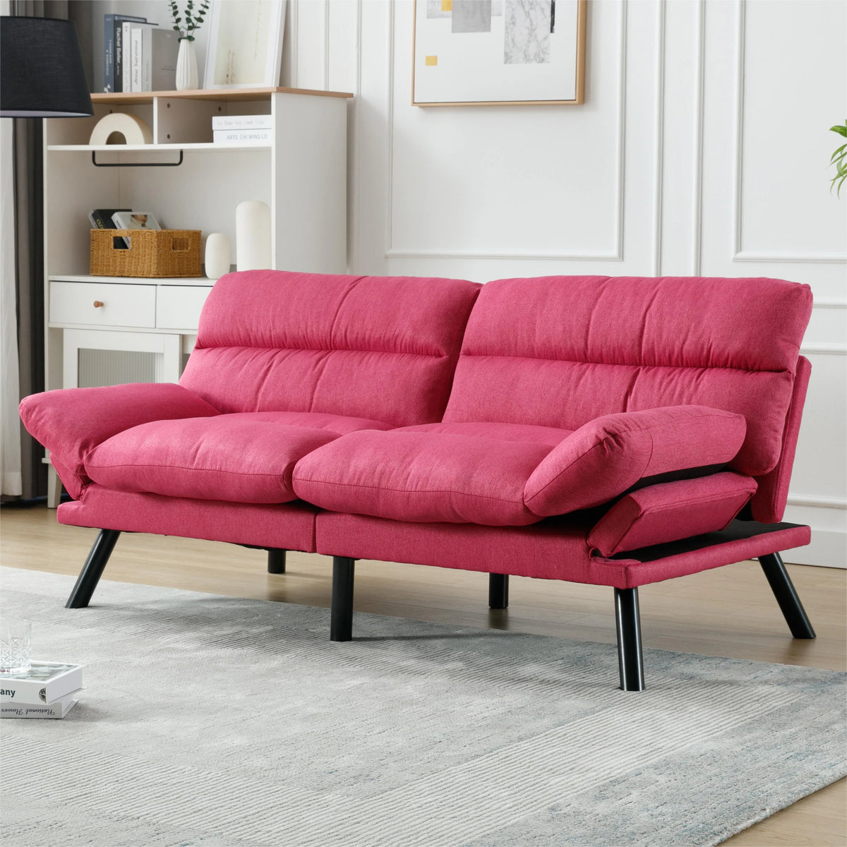 Memory Foam Futon,Convertible Futon Sofa Bed with Adjustable Armrests,Upholstered Futon Couch Sleeper Sofa for Compact Small Space,Rose Red