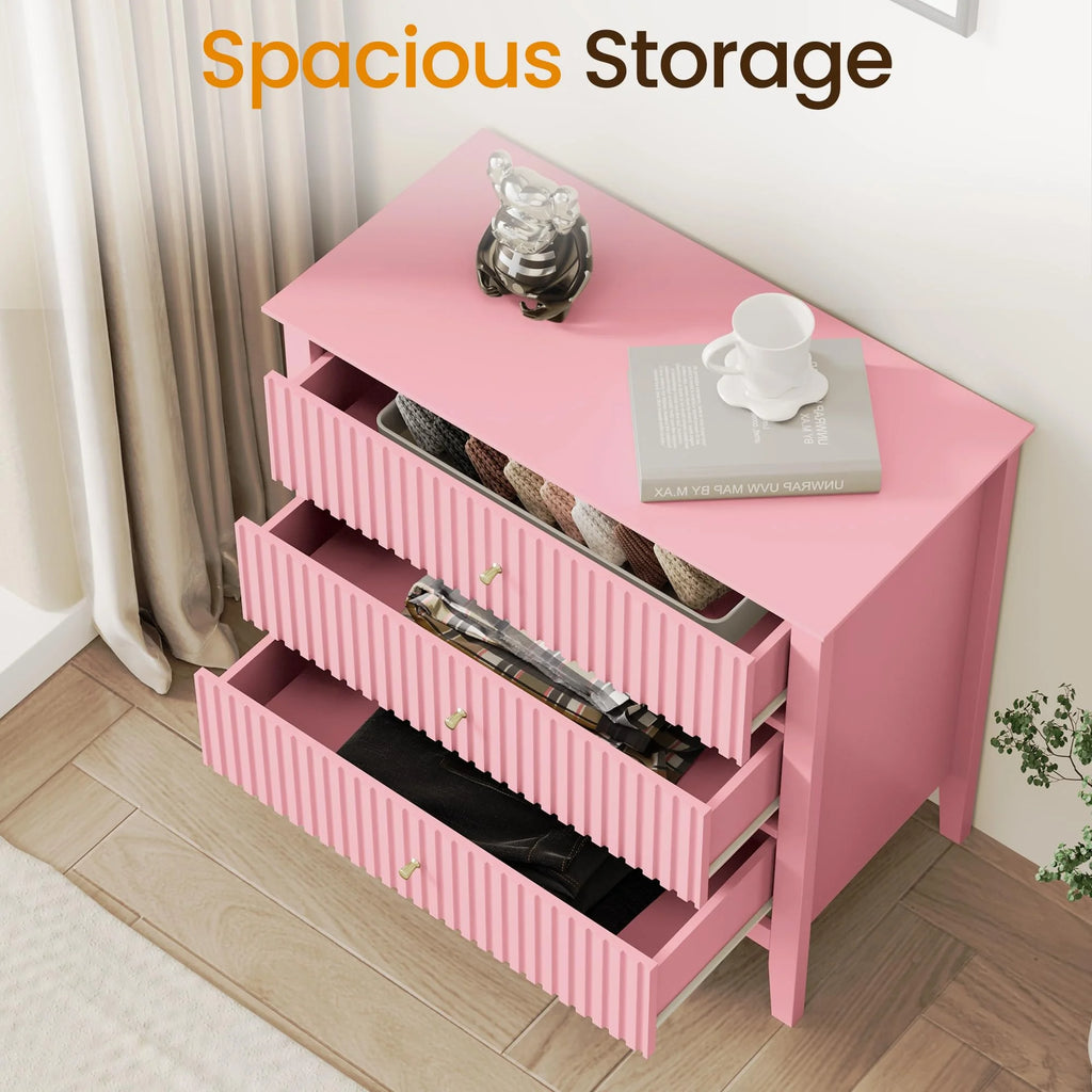 Heynemo Beige 6 Drawer Dresser, Fluted Modern Wood Chest